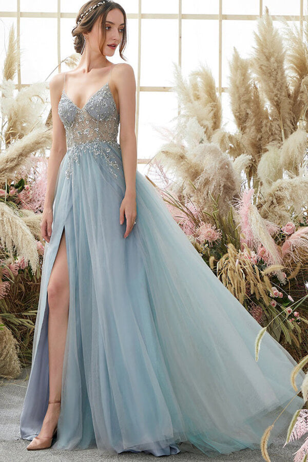 A-line Beaded Spaghetti Straps Prom Dresses With Side Split, Evening Dress PL415 | prom dresses | light blue prom dress | cheap prom dress | www.promnova.com