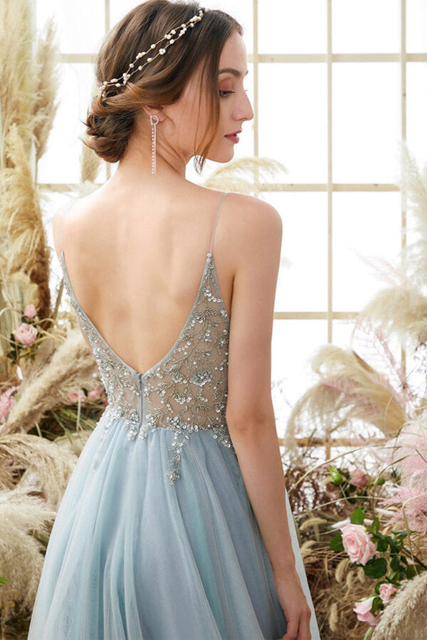 A-line Beaded Spaghetti Straps Prom Dresses With Side Split, Evening Dress PL415 | cheap prom dress online | long formal dress | party dress | www.promnova.com