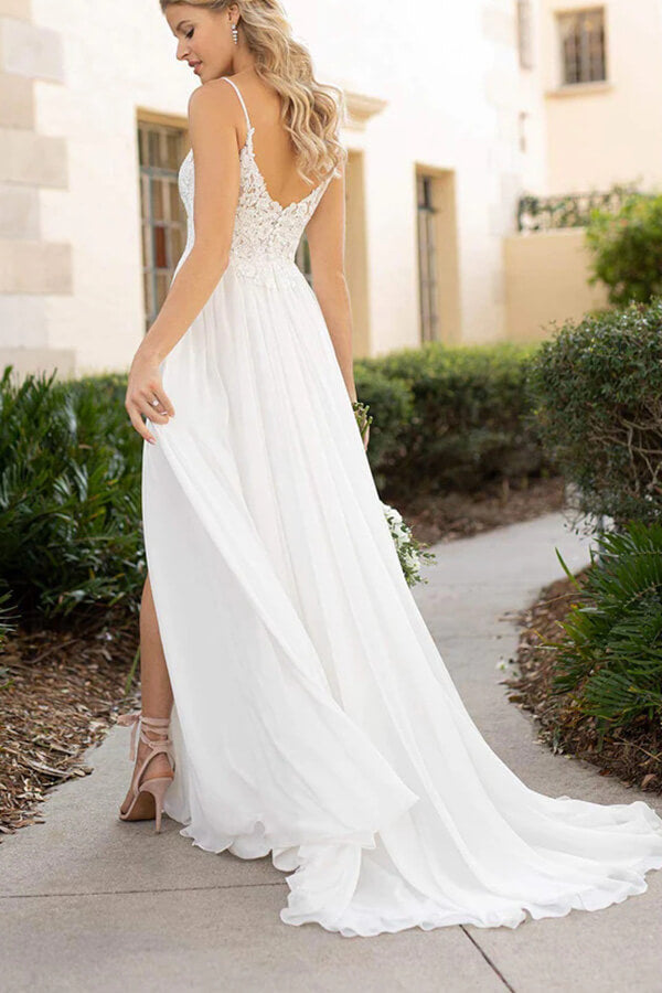 A Line Chiffon Flowy Spaghetti Straps Lace Appliques Beach Wedding Dress, PW342 | white wedding dress | beach wedding gown | simple wedding dresses | promnova.com