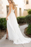 A Line Chiffon Flowy Spaghetti Straps Lace Appliques Beach Wedding Dress, PW342 | white wedding dress | beach wedding gown | simple wedding dresses | promnova.com