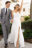 A Line Chiffon Flowy Spaghetti Straps Lace Appliques Beach Wedding Dress, PW342