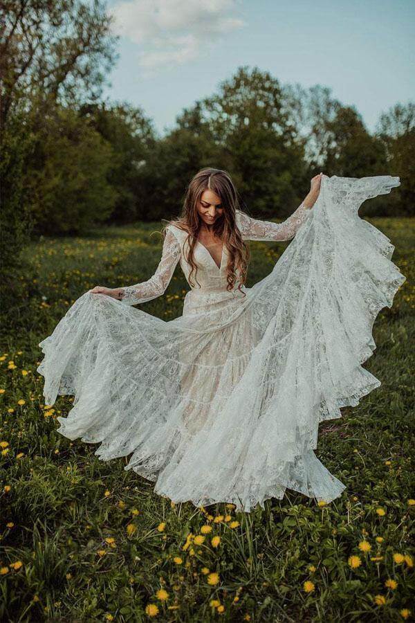 A Line Lace Deep V Neck Long Sleeves Rustic Wedding Dresses, Bridal Gown, PW322 | outdoor wedding dresses | long sleeves wedding dresses | a line wedding gown | promnova.com