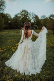 A Line Lace Deep V Neck Long Sleeves Rustic Wedding Dresses, Bridal Gown, PW322 | bohemian wedding dresses | bridal outfits | wedding gowns | promnova.com