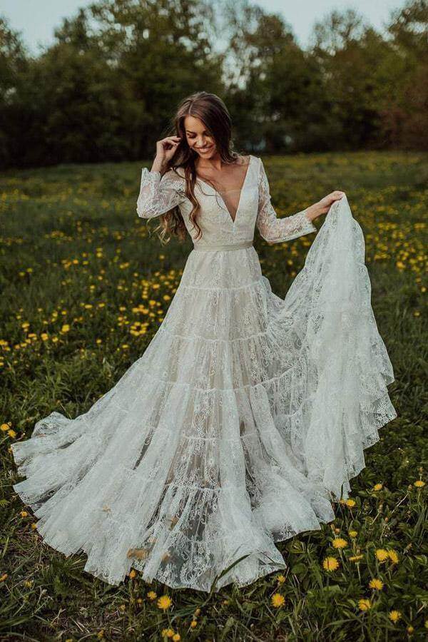 A Line Lace Deep V Neck Long Sleeves Rustic Wedding Dresses, Bridal Gown,  PW322