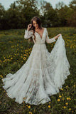 A Line Lace Deep V Neck Long Sleeves Rustic Wedding Dresses, Bridal Gown, PW322