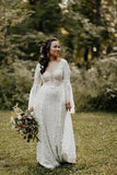 Sheath Lace Long Sleeves Lace Up Back Beach Wedding Dresses, Bridal Gown, PW295