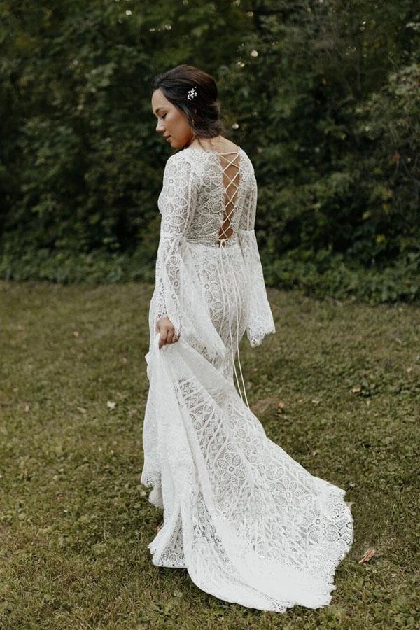 A Line Lace Long Sleeves Lace Up Back Beach Wedding Dresses, Bridal Gown, PW295 | wedding dresses online | wedding dresses near me | summer wedding dresses | promnova.com