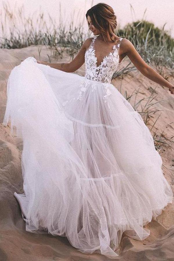 A Line Lace Top Tulle Skirt Outdoor Wedding Dresses Wedding Gowns PW278