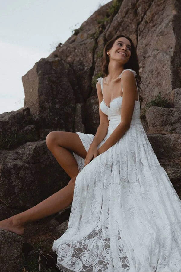 A Line Sweetheart Lace Beach Wedding Dress With Train PW337 | Promnova US18W / Custom Color A Line Sweetheart Lace Beach Wedding Dress With Train PW337 | Promnova US18W / Custom Color