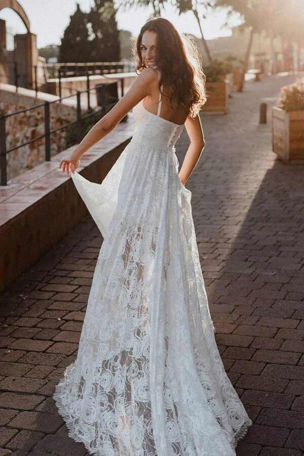 A Line Sweetheart Lace Beach Wedding Dresses With Train, Wedding Gown, PW337 | lace wedding dresses | cheap wedding dresses online | bridal styles | promnova.com