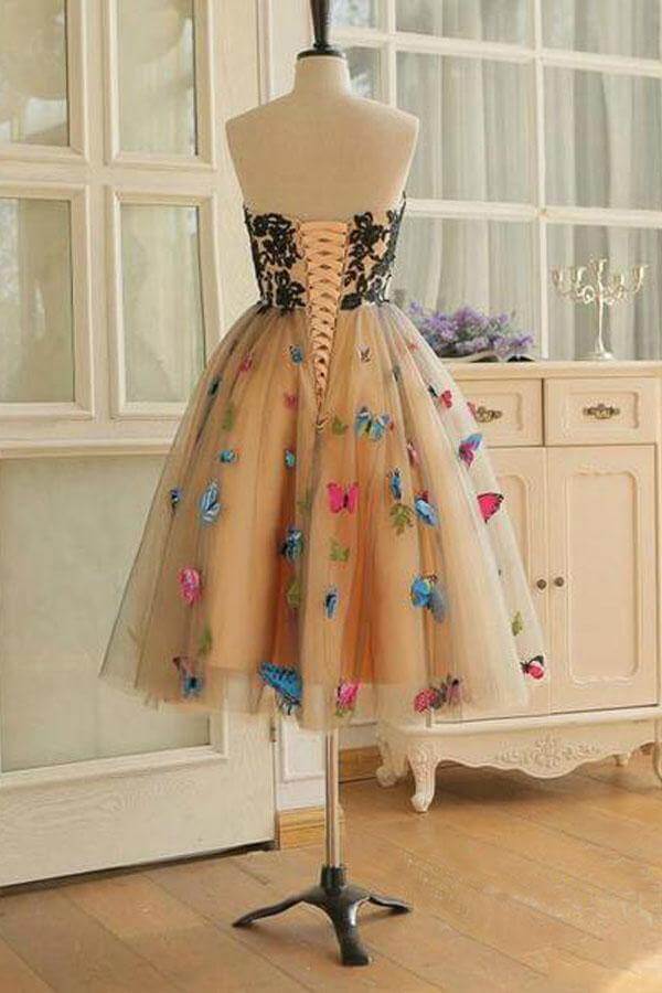 A Line Sweetheart Short Prom Dresses, Homecoming Dresses With Butterflies, PH366 | short homecoming dresses online | lace homecoming dress | school event dress | promnova.com