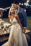 A Line V Neck Spaghetti Straps Backless Beach Wedding Dresses, Bridal Gown, PW331