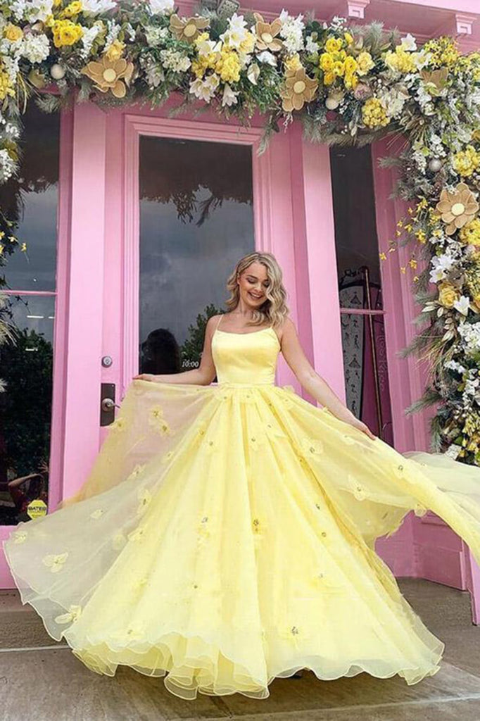 Ball Gown Spaghetti Strap Satin 3D Flowers Prom Dress PL424 | Promnova US4 / Yellow Ball Gown Spaghetti Strap Satin 3D Flowers Prom Dress PL424 | Promnova US4 / Yellow