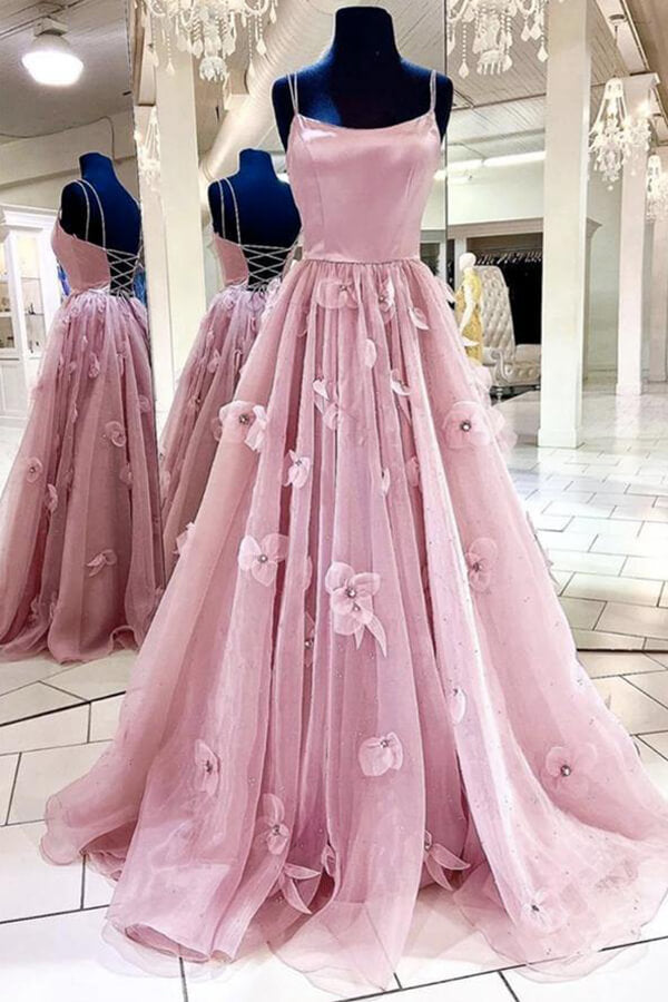 Ball Gown Spaghetti Straps Satin Bodice Lace Up Prom Dress With 3D Flowers, PL424 | dusty rose prom dresses | cheap long prom dresses | long formal dresses | promnova.com