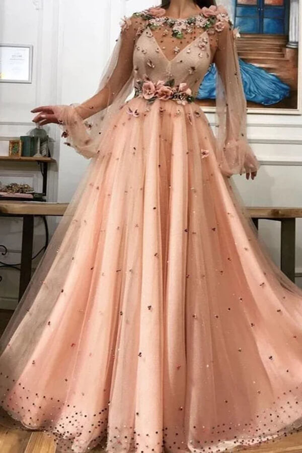 Beautiful A Line Long Sleeves Beaded Long Prom Dresses With 3D Flowers, PL445 | tulle prom dresses | a line prom dress | 3d flowers prom dresses | promnova.com