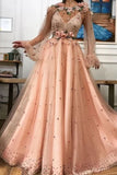 Beautiful A Line Long Sleeves Beaded Long Prom Dresses With 3D Flowers, PL445