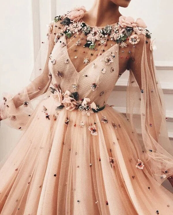 floral long sleeve prom dress Lavender 3D Floral Lace A-Line Prom Dress with Cape Sleeves