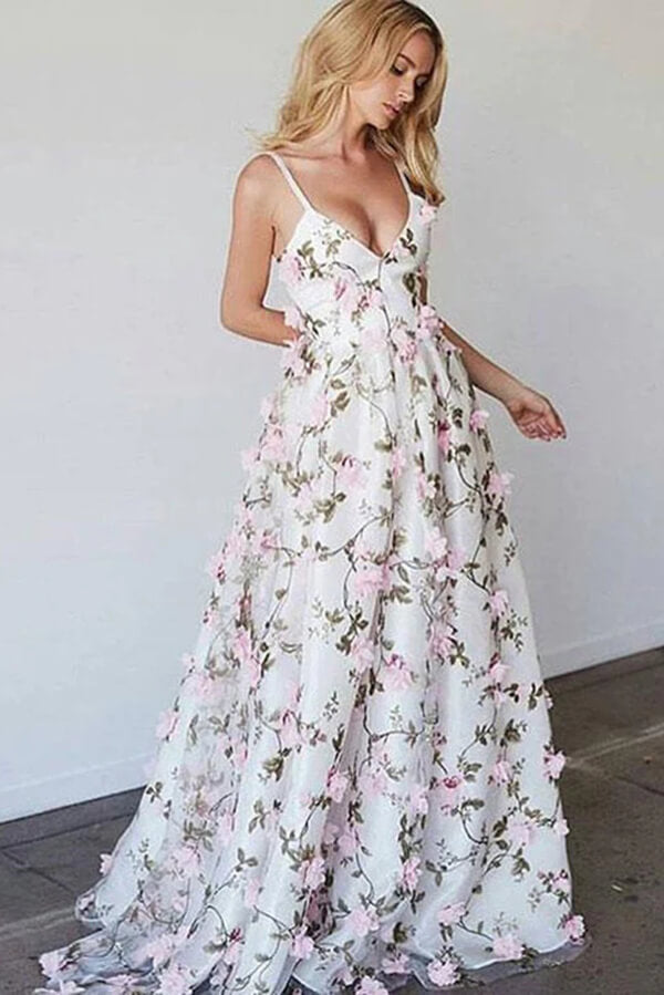 patterned prom dresses V Neck 3D Flower Prom Dresses, 3D Floral Lace Formal Evening Dresses, US 16 / Custom Color / With Rush+$19.99
