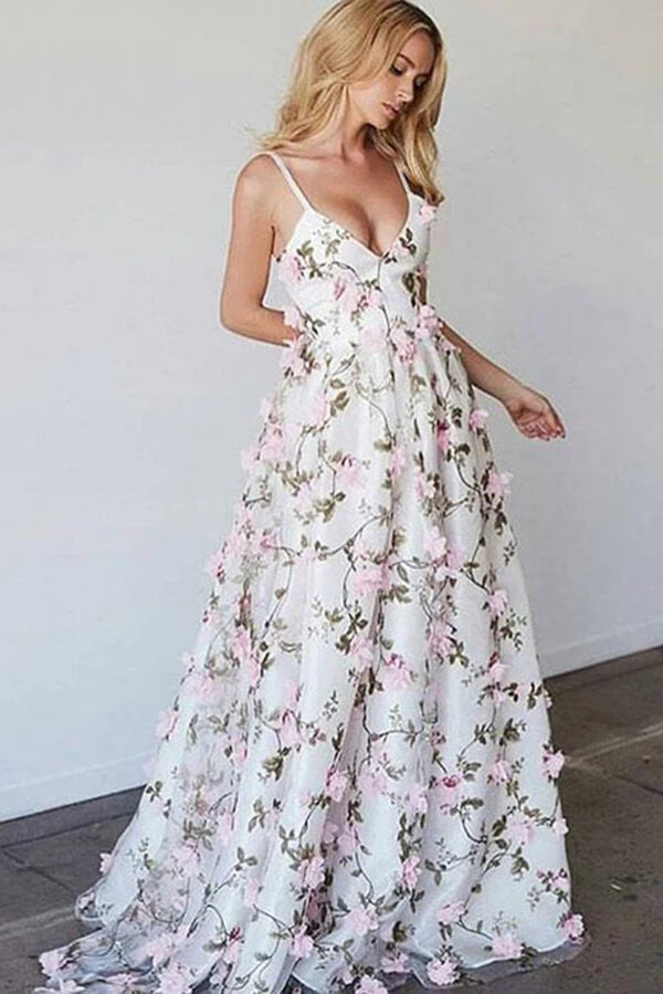 Beautiful A Line V Neck Sleeveless Floral Long Prom Dresses, Evening Gown, PL448 | cheap long prom dresses | plus size prom dress | floral prom dresses | promnova.com
