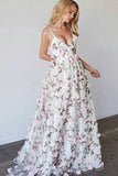 Beautiful A Line V Neck Sleeveless Floral Long Prom Dresses, Evening Gown, PL448