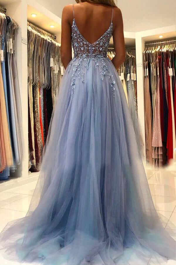 Blue Tulle A-line Beaded Prom Dresses Formal Dress PL417 | Promnova Blue Tulle A-line Beaded Prom Dresses Formal Dress PL417 | Promnova