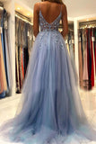 Beautiful Blue Tulle A-line V-neck Beaded Prom Dresses, Long Formal Dress PL417 | a line prom dresses | long prom dresses online | blue prom dress | www.promnova.com