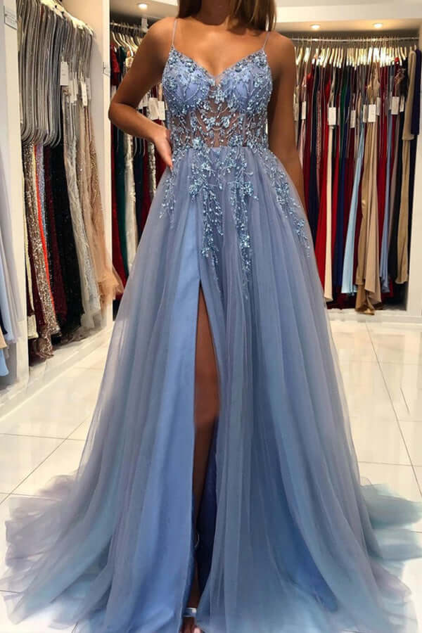Blue Tulle A-line Beaded Prom Dresses Formal Dress PL417 | Promnova Blue Tulle A-line Beaded Prom Dresses Formal Dress PL417 | Promnova