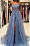 Beautiful Blue Tulle A-line V-neck Beaded Prom Dresses, Long Formal Dress PL417