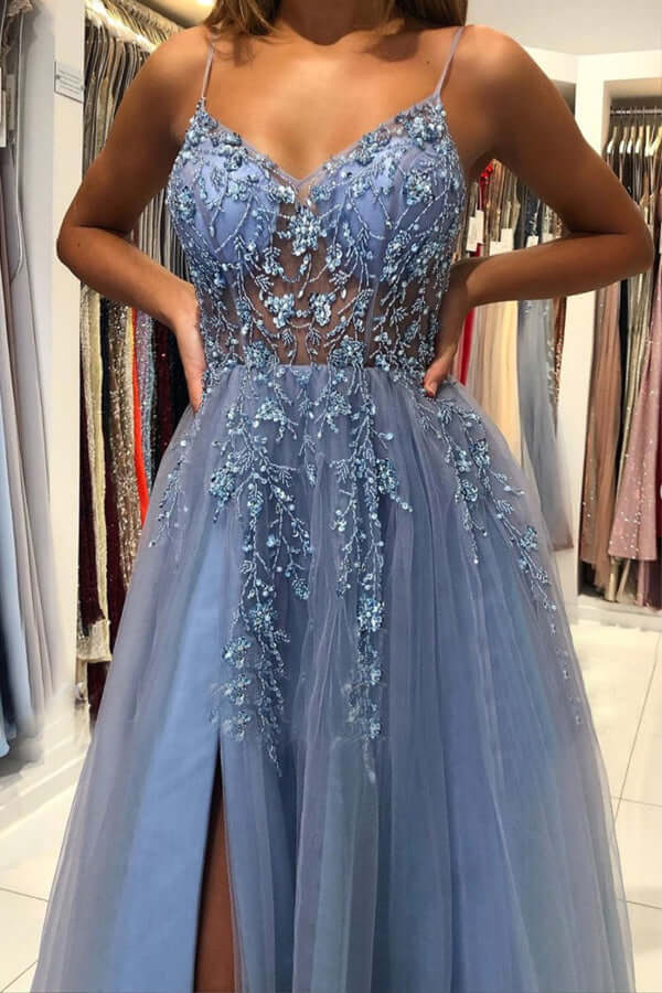 Blue Tulle A-line Beaded Prom Dresses Formal Dress PL417 | Promnova Blue Tulle A-line Beaded Prom Dresses Formal Dress PL417 | Promnova