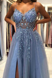Beautiful Blue Tulle A-line V-neck Beaded Prom Dresses, Long Formal Dress PL417 | blue a line prom dress | tulle prom dresses | party dresses | www.promnova.com
