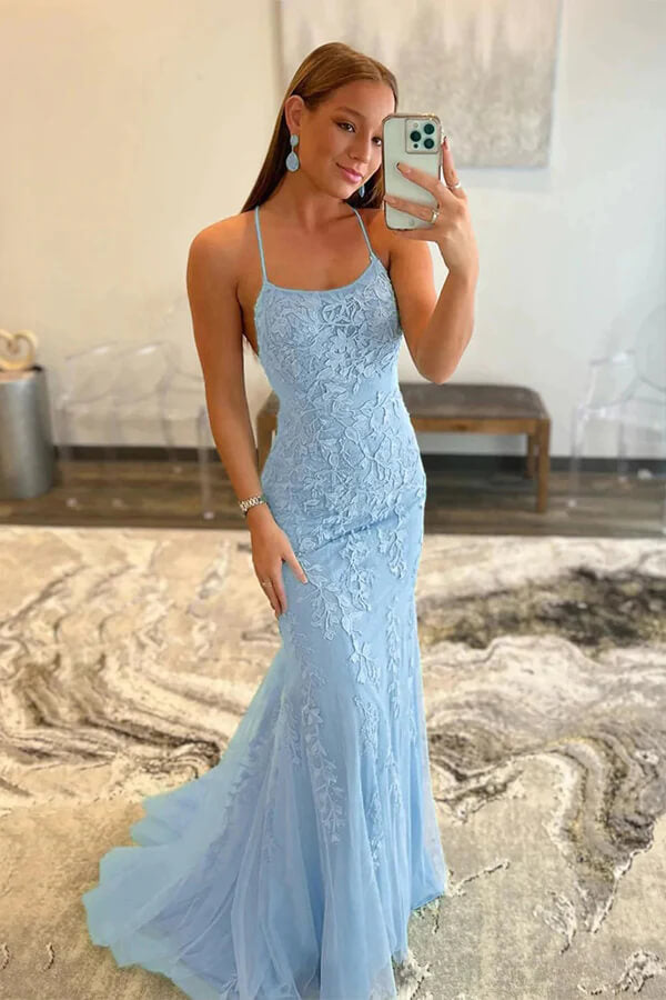 Blue Tulle Mermaid Lace Prom Dresses PL546 | Promnova