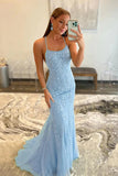 Beautiful Blue Tulle Mermaid Lace Appliques Prom Dresses, Party Dress, PL546
