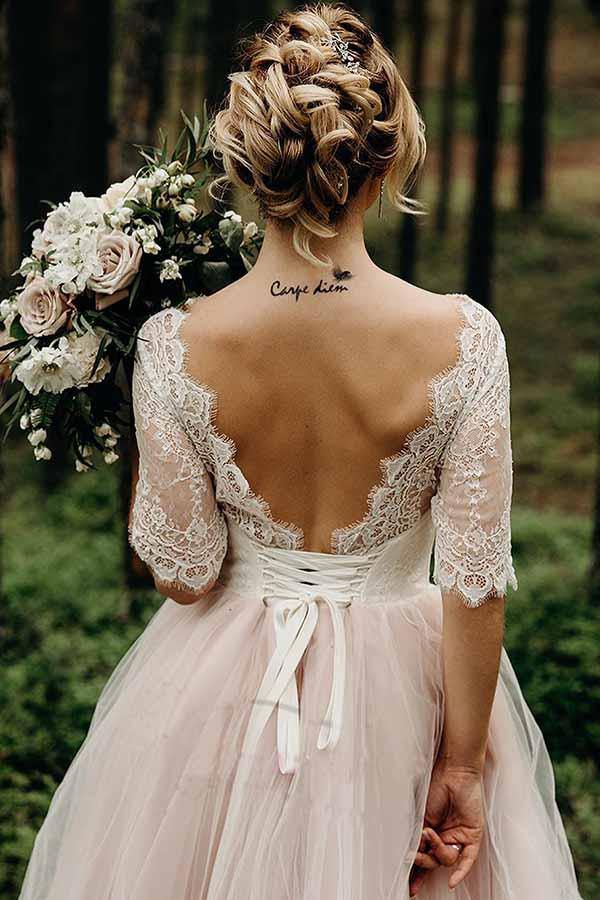 Beautiful Blush Pink A Line Half Sleeves Backless Floor Length Wedding Dresses, PW284 | cheap lace wedding dresses | vintage wedding dresses | wedding dresses near me | promnova.com