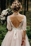 Beautiful Blush Pink A Line Half Sleeves Backless Floor Length Wedding Dresses, PW284 | cheap lace wedding dresses | vintage wedding dresses | wedding dresses near me | promnova.com