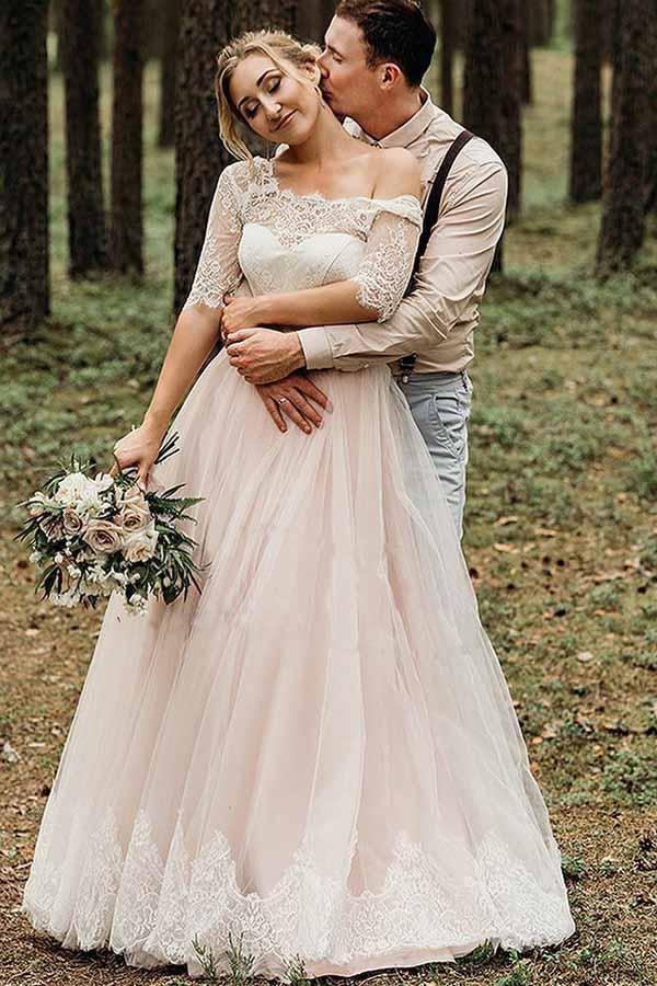 Ivory Over Blush Lace & Organza Trumpet Wedding Dress - Lunss