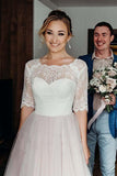 Beautiful Blush Pink A Line Half Sleeves Backless Floor Length Wedding Dresses, PW284 | tulle wedding dresses | bridal gowns | wedding dresses stores | promnova.com