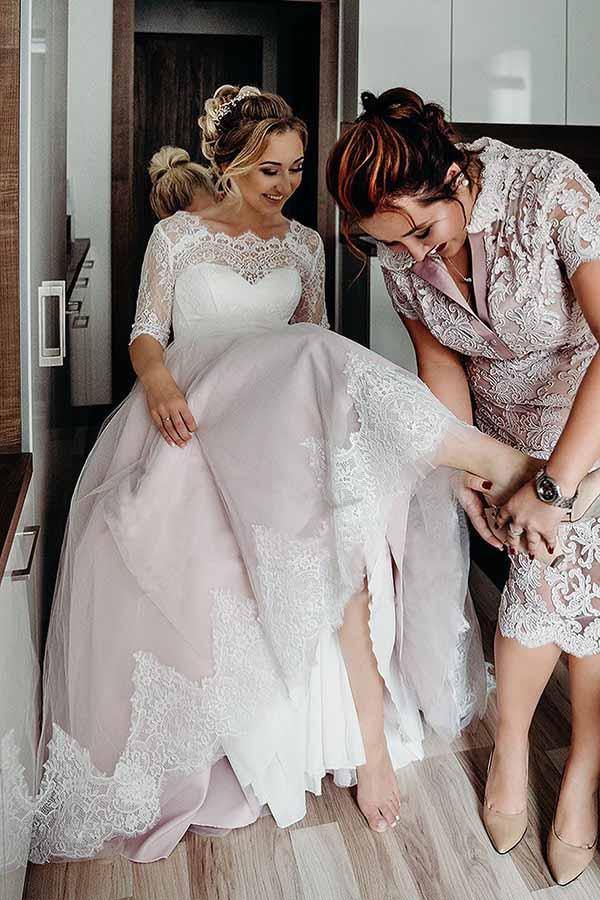 Blush Pink A Line Half Sleeves Backless Wedding Dress PW284