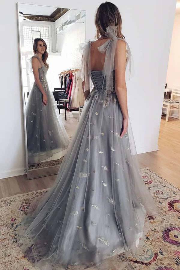 Grey Prom Dresses Tight Light Grey A-line Backless Spaghetti Straps Lace Tulle Long Prom Dresses, Grey Prom Dresses Tight Light Grey A-line Backless Spaghetti Straps Lace Tulle Long Prom Dresses,
