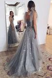 Beautiful Grey A Line Tulle Sweetheart Prom Dresses With Lace Appliques, PL553