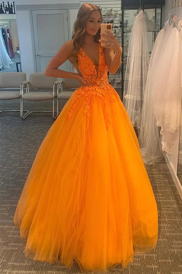Beautiful Orange Tulle A Line V Neck Lace Appliques Long Prom Dresses, PL529 | new arrival prom dresses | cheap long prom dresses | prom dress near me | promnova.com