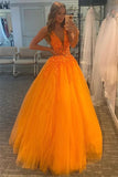 Beautiful Orange Tulle A Line V Neck Lace Appliques Long Prom Dresses, PL529