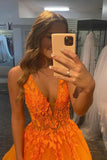 Beautiful Orange Tulle A Line V Neck Lace Appliques Long Prom Dresses, PL529 | tulle prom dresses | prom dress for teens | a line prom dress | promnova.com