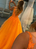 Beautiful Orange Tulle A Line V Neck Lace Appliques Long Prom Dresses, PL529 | cheap prom dresses | lace prom dresses | party dress | promnova.com