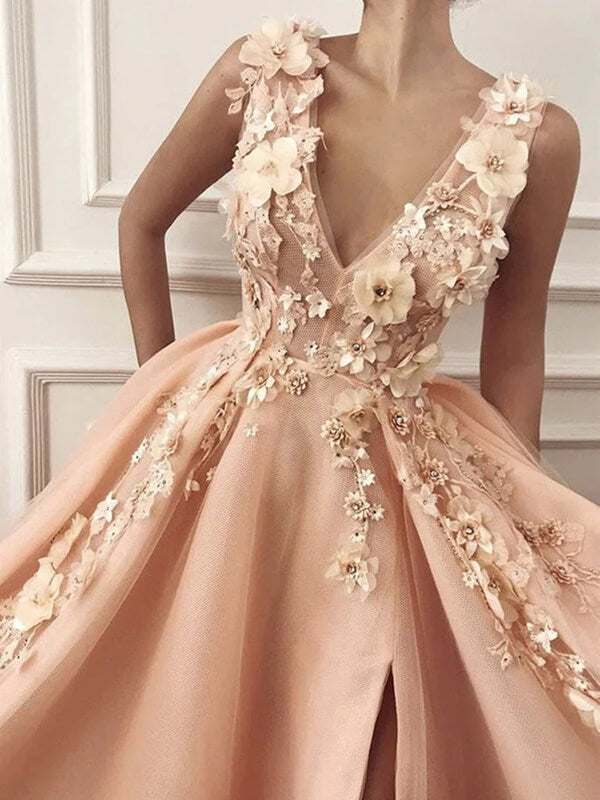 Peach Tulle A Line Long Prom Dresses With 3D Flowers, PL452 | Promnova US16 / As Picture Peach Tulle A Line Long Prom Dresses With 3D Flowers, PL452 | Promnova US16 / As Picture