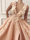 Beautiful Peach Tulle A Line V Neck Long Prom Dresses With 3D Flowers, PL452 | dress for prom | sexy prom dress   | evening gown | promnova.com