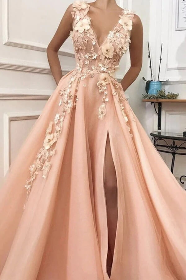 V Neck Cap Sleeves Peach Lace A-line Long Evening Prom Dresses, Cheap –  SposaDresses