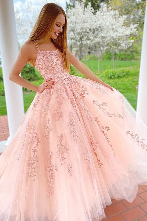 Beautiful Pink Tulle Lace A-line Spaghetti Straps Long Prom Dresses PL412 | pink prom dresses | long prom dresses | evening dress | www.promnova.com