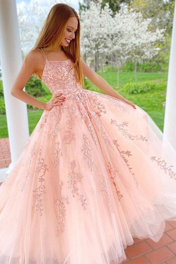 Pink Tulle Lace A-line Spaghetti Straps Prom Dresses PL412
