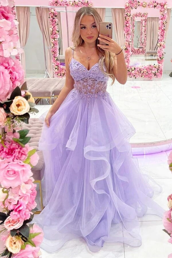 pretty dresses purple Lilac Lace Cheap Pretty Prom Dresses LTP0582,Charming Lilac Prom Dress Lace Tulle Ball Gown Long