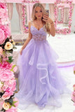 Beautiful Purple A Line V Neck Beaded Lace Appliques Long Prom Dresses, PL515